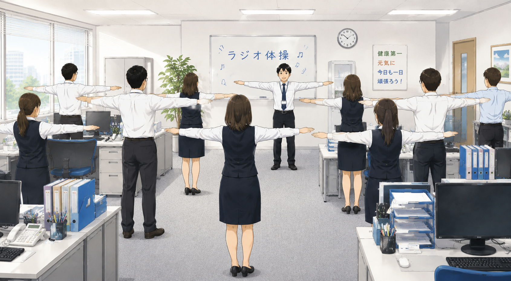 朝礼でラジオ体操を行っています